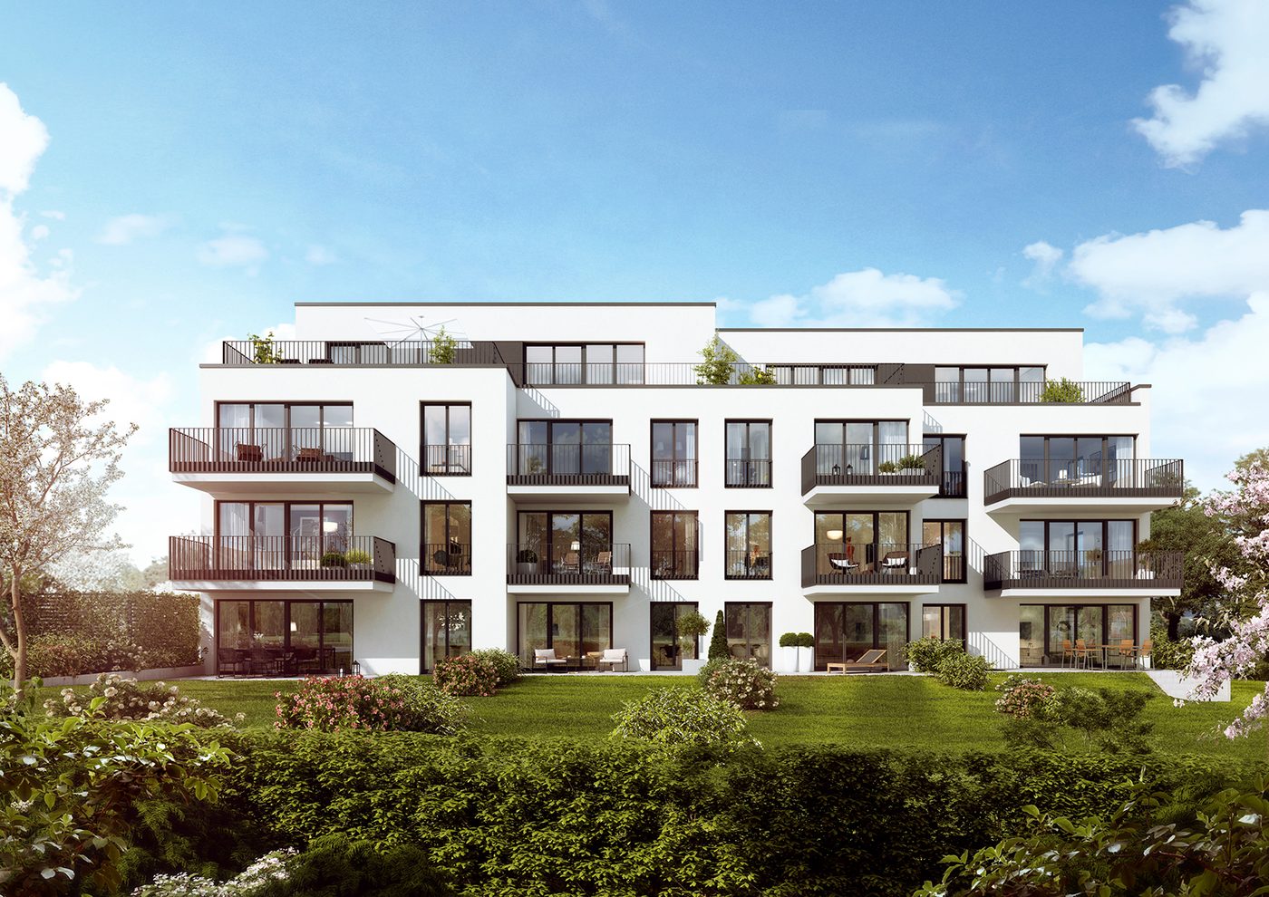 Visualisierung des Mehrfamilienhauses an der Brücherhofstraße mit Garten