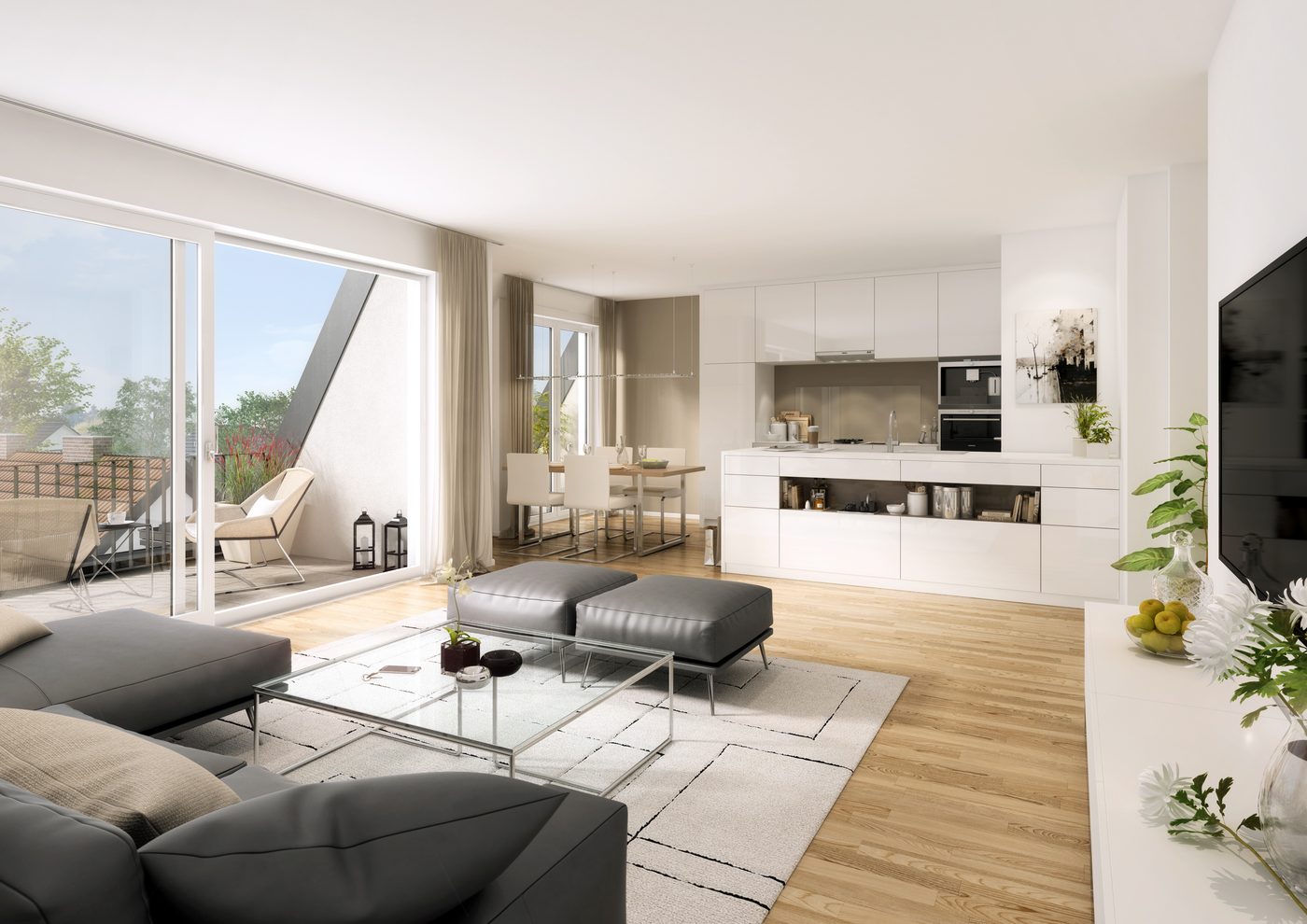 Wohnraum im Dachgeschoss mit großer Glasfront