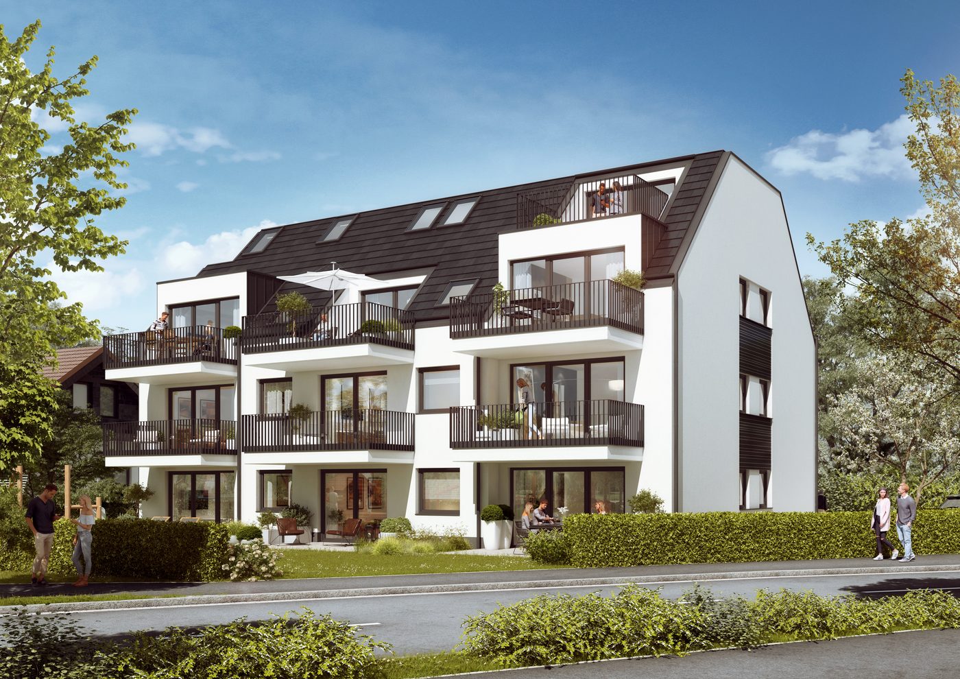Visualisierung des Mehrfamilienhauses in Berghofen von der Gartenseite