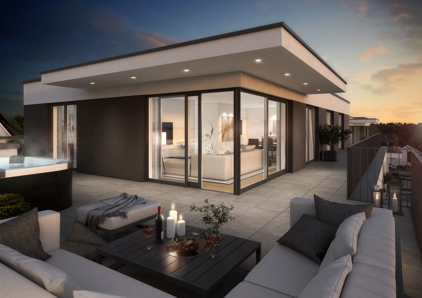 Dachterrasse eines Neubaus in Dortmund-Lichtendorf in der Abenddämmerung, Visualisierung
